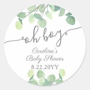 Sticker Rond Baby shower vert moderne Eucalyptus Oh Boy
