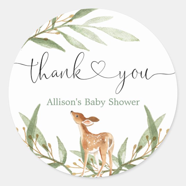 Sticker Rond Baby shower vert neutre pour les cerfs de bois (Devant)