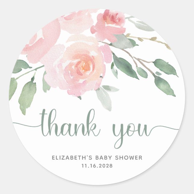Sticker Rond Baby shower vert rose Floral Merci (Devant)