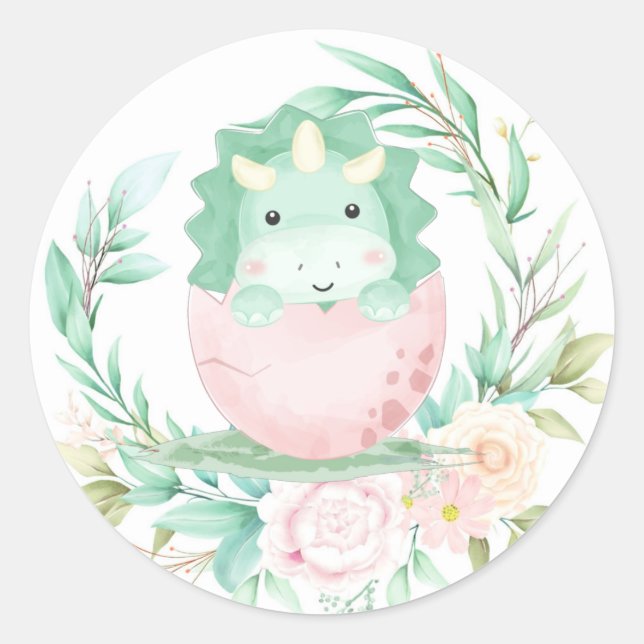 Sticker Rond Baby shower vert rose mignon Dinosaur (Devant)