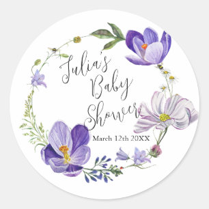 Sticker Rond Baby shower violet fleur sauvage
