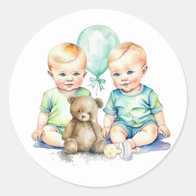 Sticker Rond Baby shower Watercolor Twin Boys (Devant)