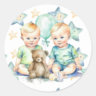 Sticker Rond Baby shower Watercolor Twin Boys