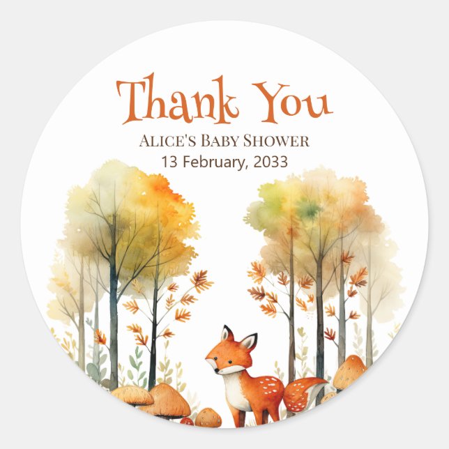 Sticker Rond Baby shower Watercolor Woodland Fox (Devant)