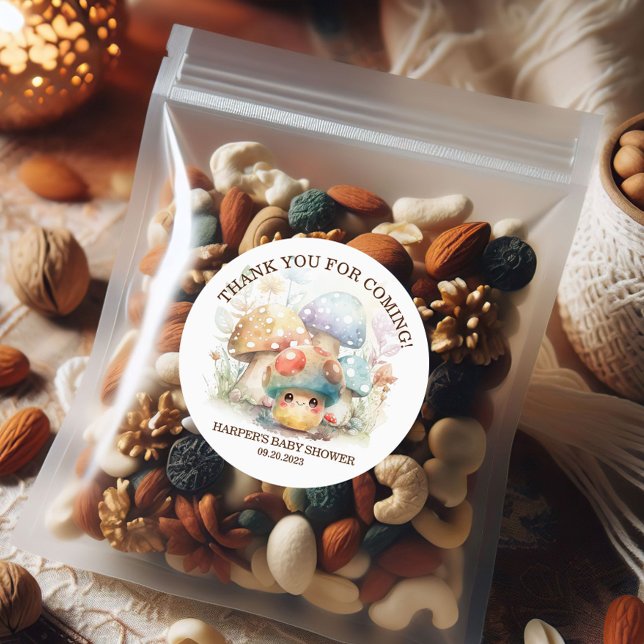 Sticker Rond Baby shower Whimsical Mushroom (Get ready to put the fun back in to fungi with this delicious mushroom party themed sticker. )