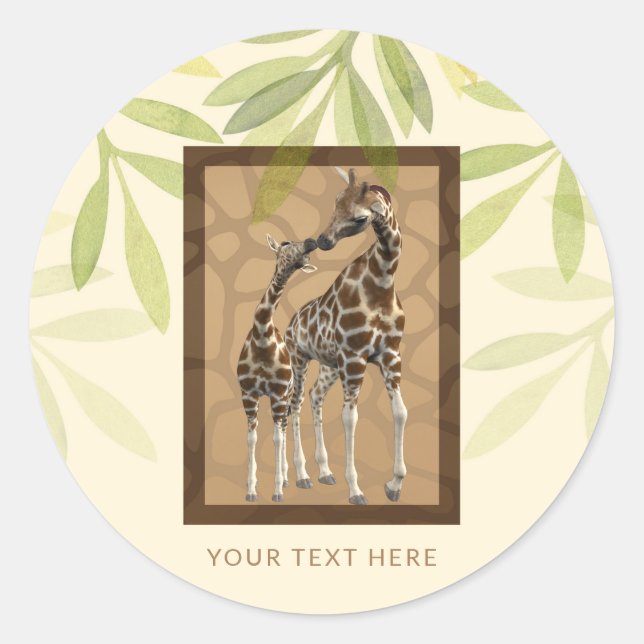 Sticker Rond Baby Shower Zoo Girafes Brunes Dorées S'Embrassant (Devant)