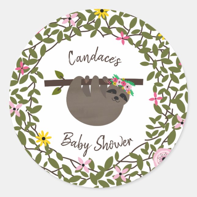 Sticker Rond Baby Sloth Verdure Baby shower Floral (Devant)