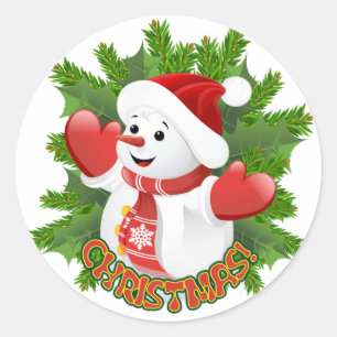 Sticker Rond Baby Snowman avec ornement de flocons de neige en
