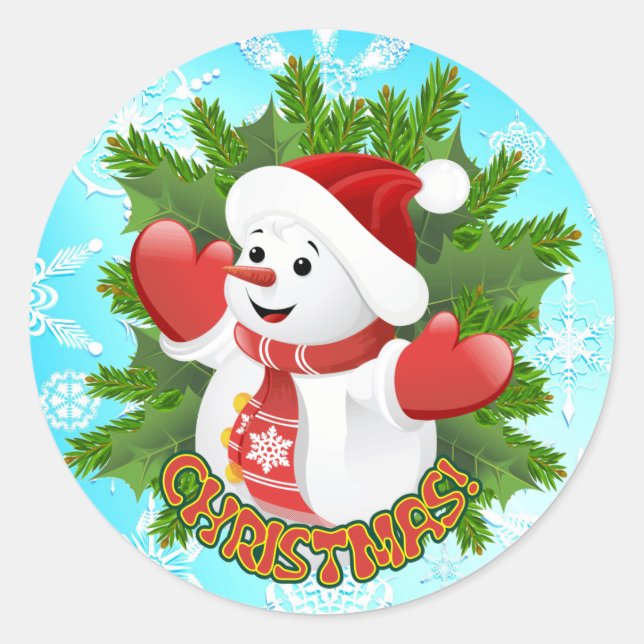 Sticker Rond Baby Snowman avec ornement de flocons de neige en  (Devant)