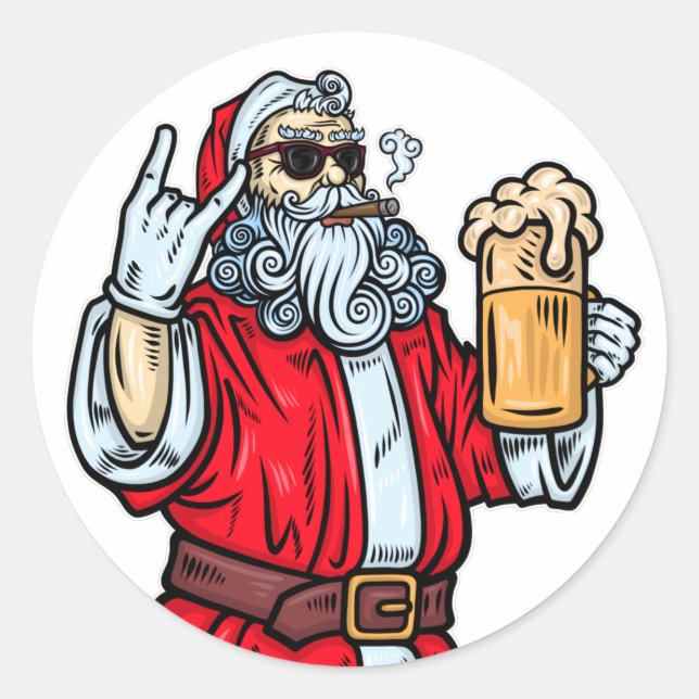 Sticker Rond Bad Père Noël, Rock, Bière et Cigar (Devant)
