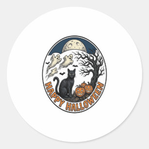 Sticker Rond Badge Chat Halloween Vintage Fantôme Clair de Lune