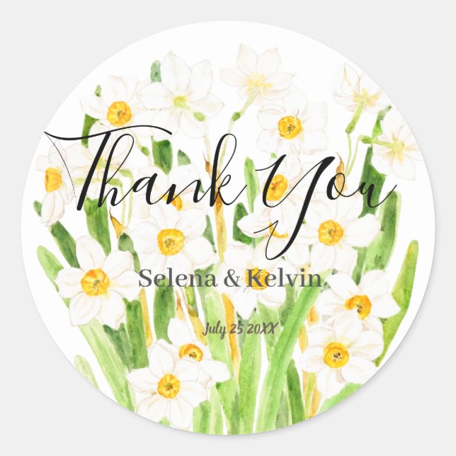 Sticker Rond Baguette blanche jonquilles fleurs aquarelle ronde (Devant)