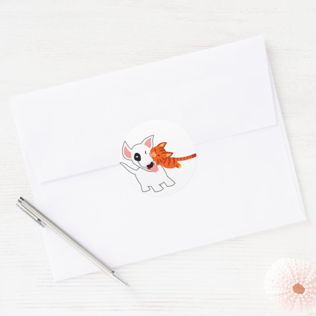 Sticker Rond Baguette de dessin mignonne Terrier et chaton (Enveloppe)