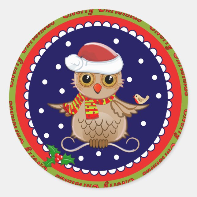 Sticker Rond Baguette de Noël joyeux avec Père Noël Owl (Devant)