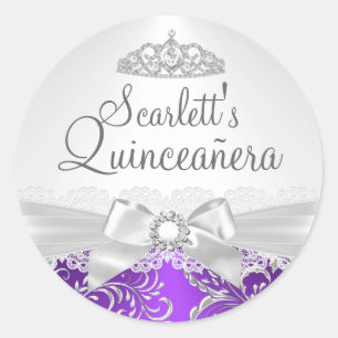 Sticker Rond Baguette de Quinceanera pourpre Tiara & Bow