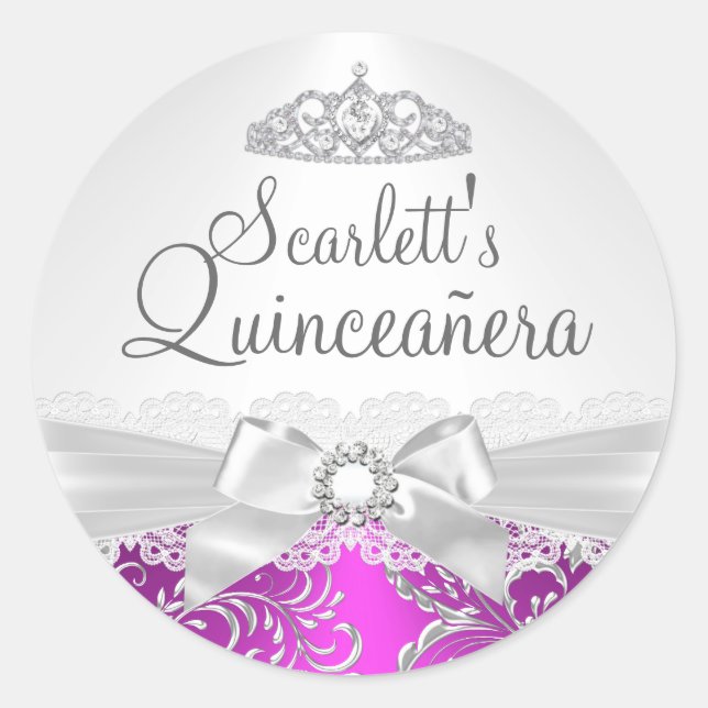 Sticker Rond Baguette de Quinceanera rose Jolie Tiara & Bow (Devant)