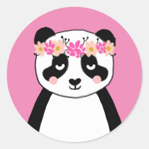 Sticker Rond Baguettes de panda mignonnes - fleurs roses