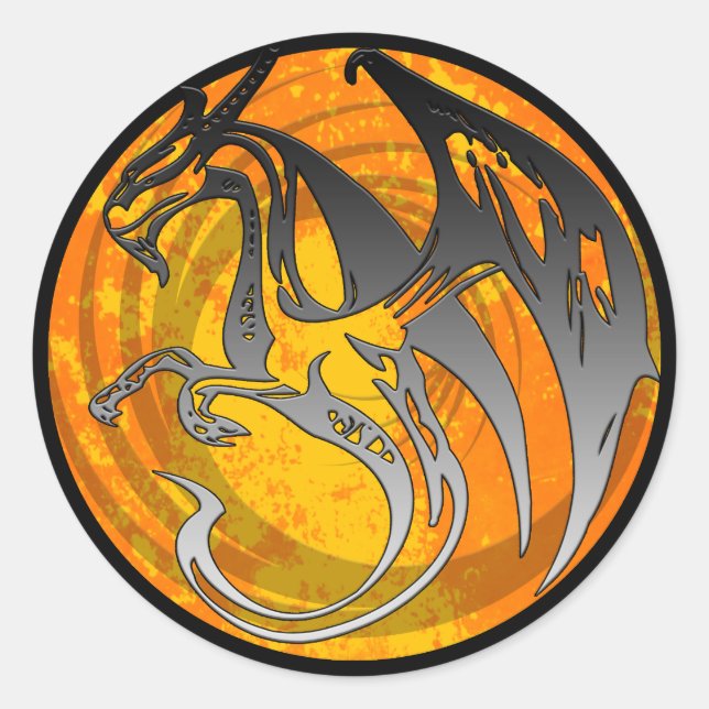 Sticker Rond Baguettes rondes de dragon à aile noire orange (Devant)