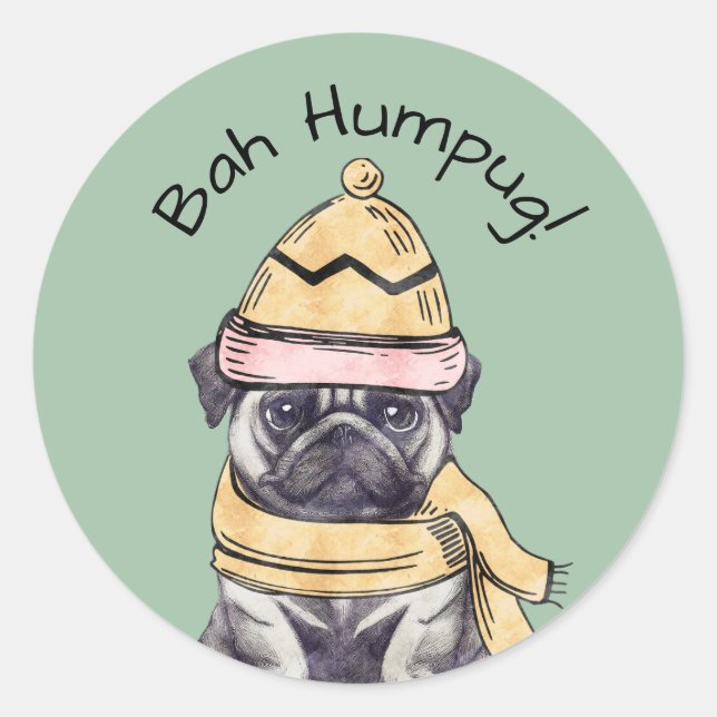 Sticker Rond Bah Humpug Mignon Noël Pug Illustré Hiver  (Devant)