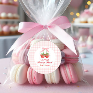 Sticker Rond Baie premier anniversaire fraise Rose Ruban Gingha