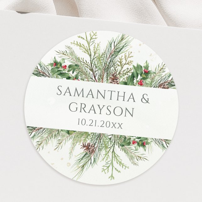 Sticker Rond Baies d'hiver rustiques Pine Cône Mariage de verdu (Créateur téléchargé)