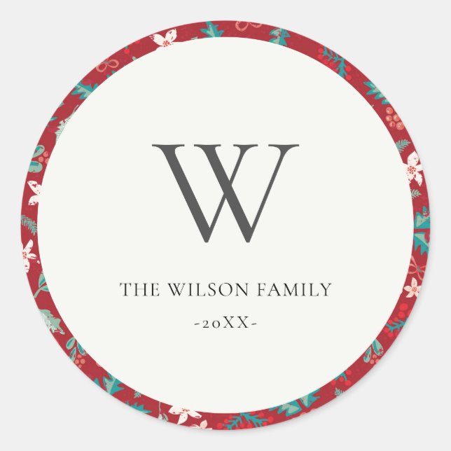 Sticker Rond Baies rouges Motif floral de Noël Monogramme (Devant)