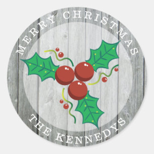 Sticker Rond Baies rustiques de houx de Noël de ferme