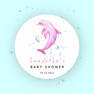 Sticker Rond Bain de bébé dauphin océan aquarelle
