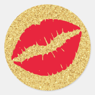 Sticker Rond Baiser Rouge Pailleté Or