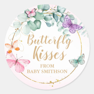 Sticker Rond Baisers à papillon Eucalyptus Baby shower rose Fav