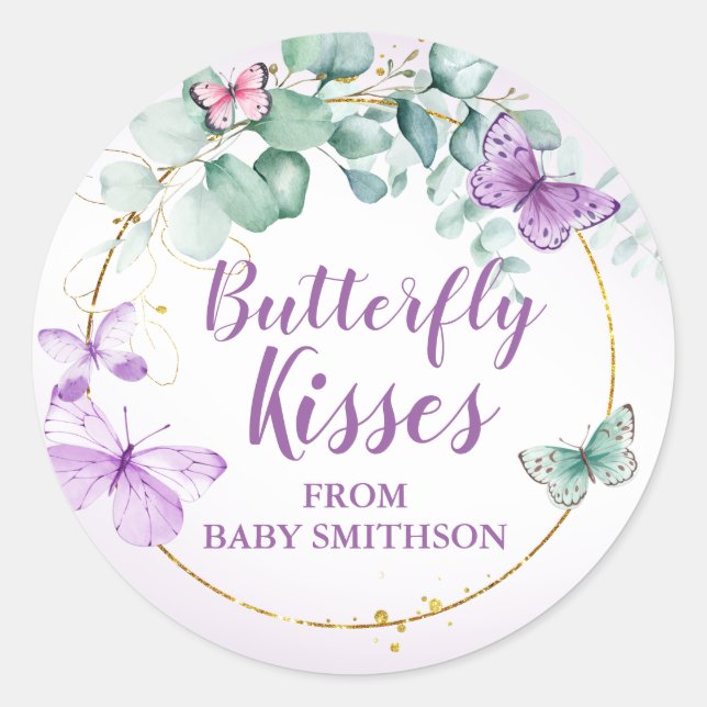 Sticker Rond Baisers à papillon Jardin Baby shower pourpre Favo (Devant)