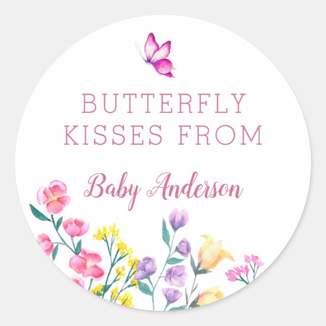 Sticker Rond Baisers à papillon rose Baby shower de printemps F (Devant)