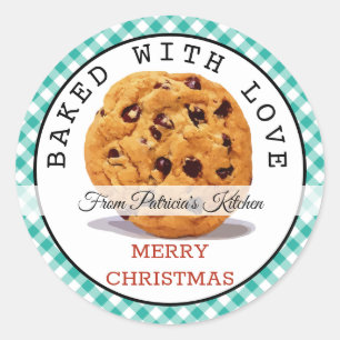 Sticker Rond Baked With love Noël Cookies En vichy vert