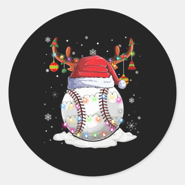 Sticker Rond Bal de baseball Santa Hat Reindeer lumières de Noë (Devant)