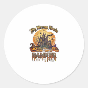 Sticker Rond Balai Banquier Cassé Maison Hantée Halloween Sorci