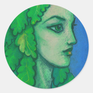 Sticker Rond Balanis, dryad, feuilles verts, déesse forestière,