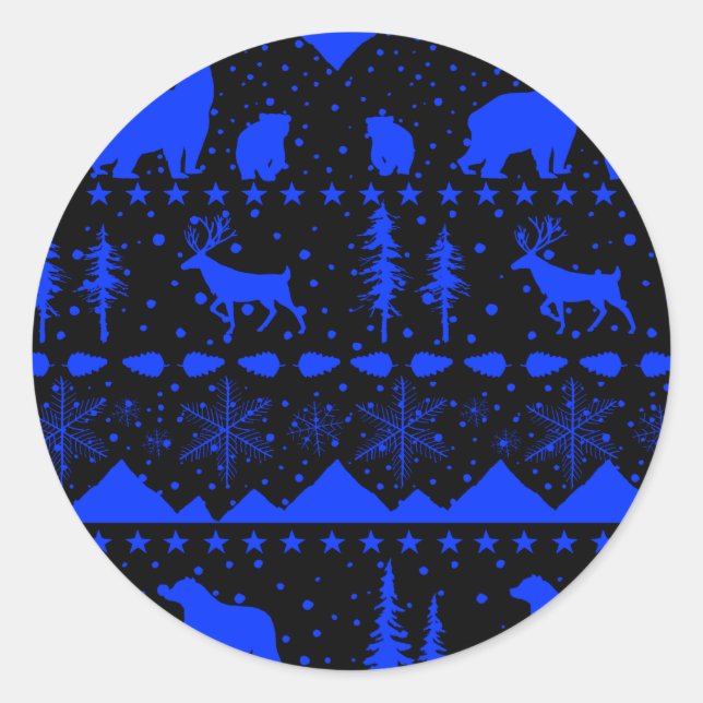 Sticker Rond Balayage nordique Animaux d'hiver Bleu royal et no (Devant)