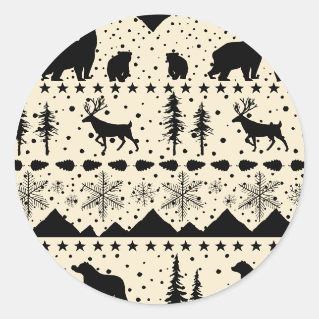 Sticker Rond Balayage Nordique Animaux D'Hiver Noir Et Beige (Devant)