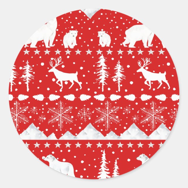 Sticker Rond Balayage nordique Animaux d'hiver Rouge de vacance (Devant)