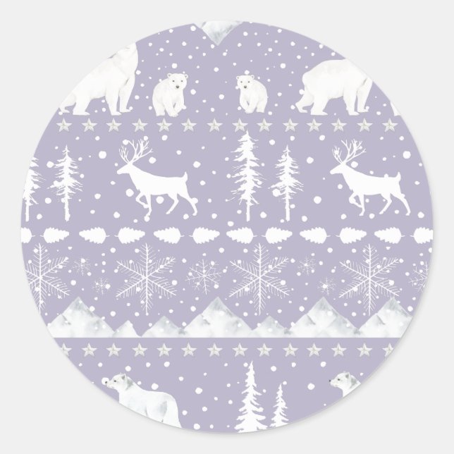 Sticker Rond Balayage Nordique Animaux D'Hiver Violet Et Blanc (Devant)