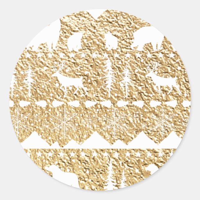 Sticker Rond Balayage nordique Blanc Animaux d'hiver Or Classic (Devant)