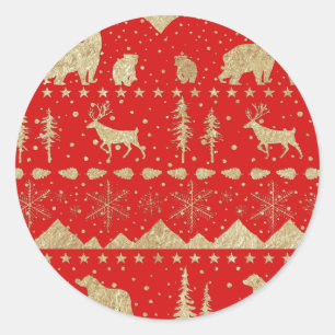 Sticker Rond Balayage nordique Or Animaux d'hiver Vacances Roug