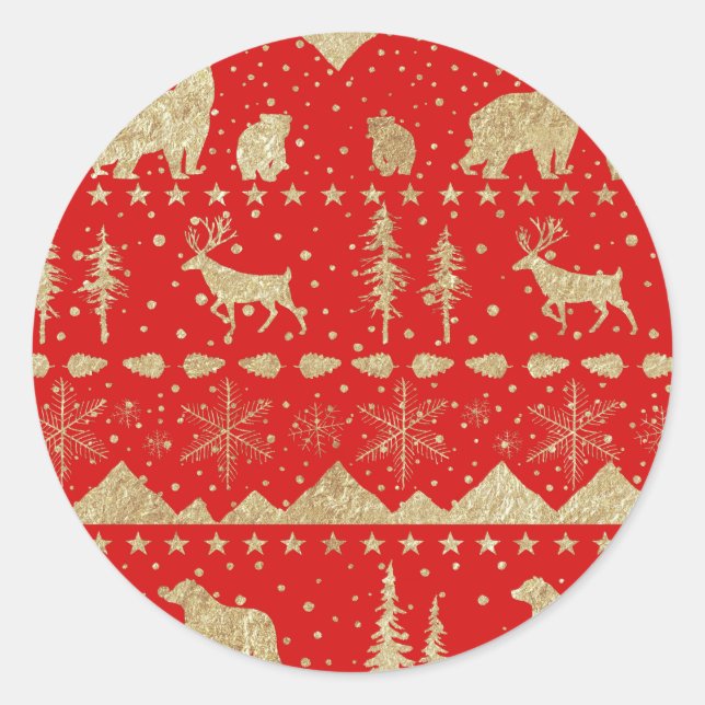 Sticker Rond Balayage nordique Or Animaux d'hiver Vacances Roug (Devant)