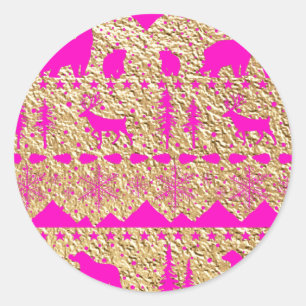 Sticker Rond Balayage nordique rose Fuchsia Animaux d'hiver Or