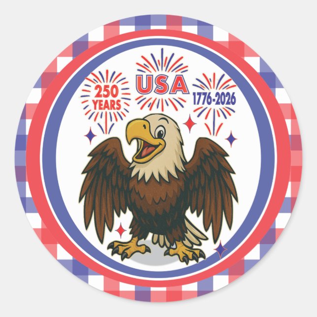 Sticker Rond Bald Eagle avec Fireworks - USA 250 ans 1776-2026 (Devant)