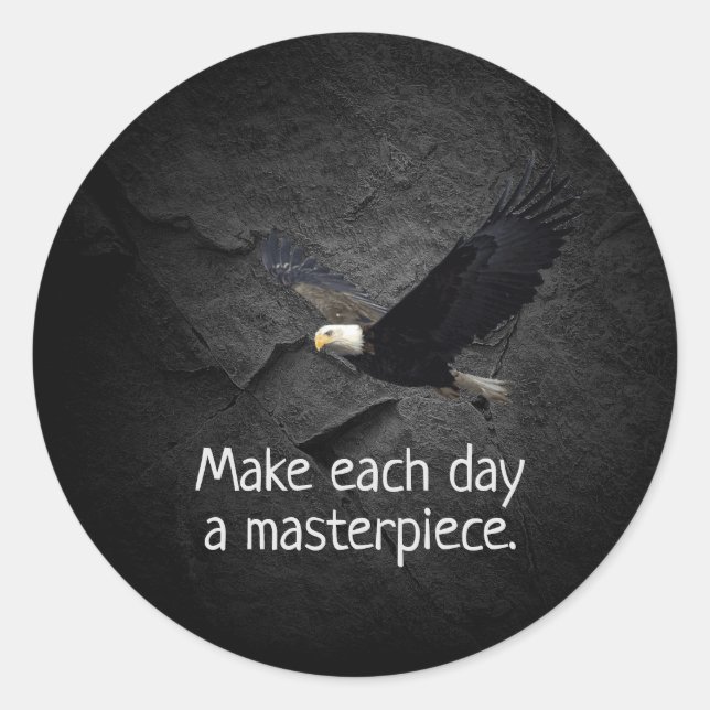 Sticker Rond Bald Eagle sur pierre noire avec citation motivant (Devant)