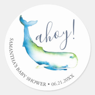 Sticker Rond Baleine aquarelle et étoile de mer bleue