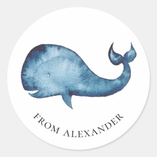Sticker Rond Baleine bleu aquarelle. Anniversaire de enfant mer