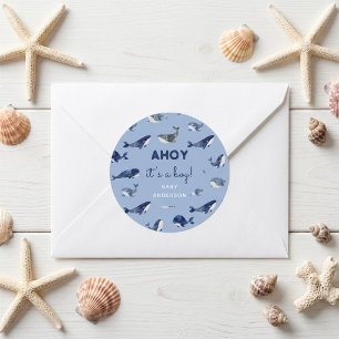 Sticker Rond Baleine Bleue Ahoy C'est un Garçon Baby Shower
