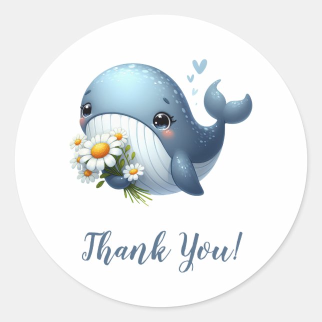 Sticker Rond Baleine bleue avec Merci de tournesol (Devant)